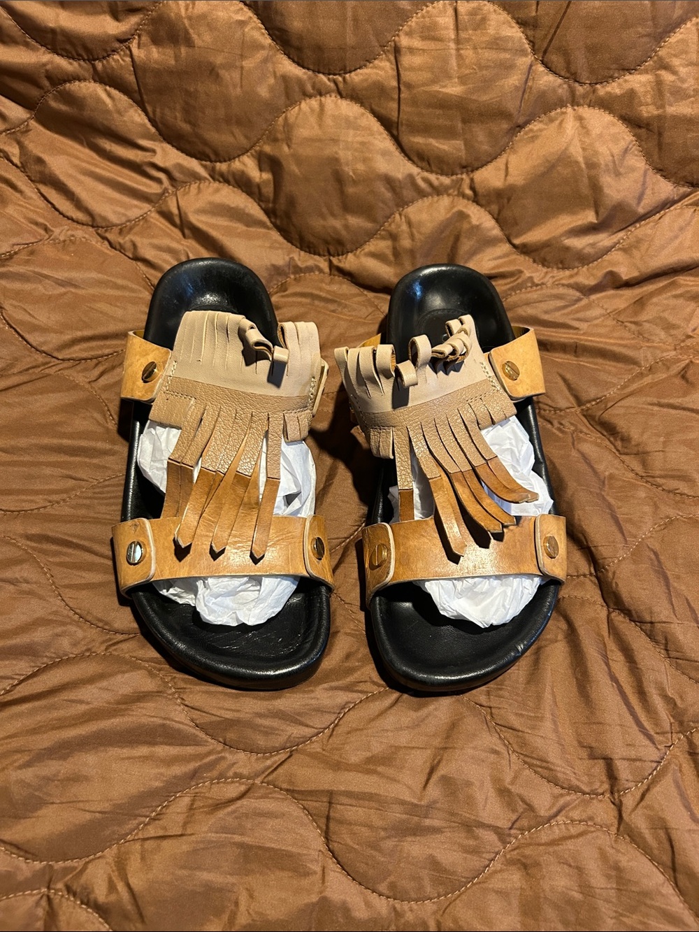 Chloe Tan and Black Leather Fringe Slide Sandals